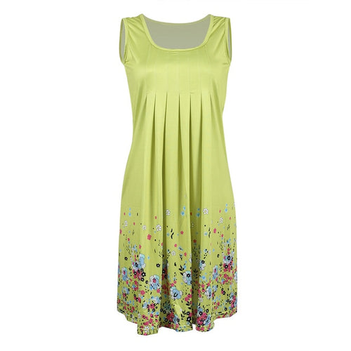 Womens Floral Sundress Knee Length Summer Loose Sleeveless Dresses Floral Print Fashion Beach Dress Summer Womens New PLUS SIZE