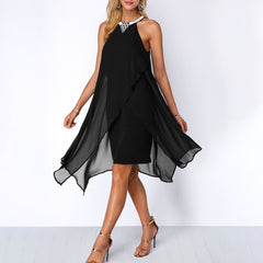 Plus Size Women Summer Round Neck Fashion Chiffon Sleeveless Dress Irregular Double Layer Beach Party sexy Loose Dresses