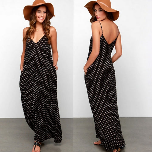 2019 Fashion Women Polka Dot Print V Neck Sleeveless Sundress Loose Maxi Long Beach Bohemian Vintage Dress S to 5XL Summer Dress