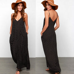 2019 Fashion Women Polka Dot Print V Neck Sleeveless Sundress Loose Maxi Long Beach Bohemian Vintage Dress S to 5XL Summer Dress