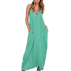 2019 Fashion Women Polka Dot Print V Neck Sleeveless Sundress Loose Maxi Long Beach Bohemian Vintage Dress S to 5XL Summer Dress