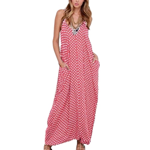 2019 Fashion Women Polka Dot Print V Neck Sleeveless Sundress Loose Maxi Long Beach Bohemian Vintage Dress S to 5XL Summer Dress