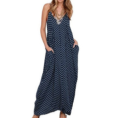 2019 Fashion Women Polka Dot Print V Neck Sleeveless Sundress Loose Maxi Long Beach Bohemian Vintage Dress S to 5XL Summer Dress