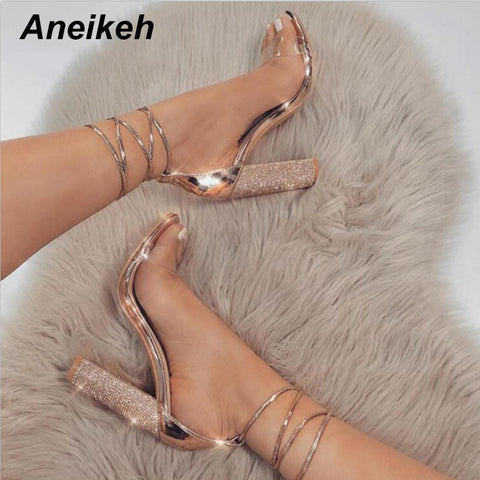 LALA IKAI Women Sandals High Heels Summer Thin Heel PU Leather Rivet Peep Toe Sexy Party Shoes Sandalia Feminina 014C1845-45