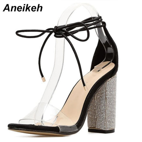 Aneikeh Women High Heels Sandals Summer Square Heels Crystal Heeled Platform Shoes Ladies Sexy Party Wedding Lace Up Shoes
