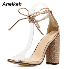 Aneikeh Women High Heels Sandals Summer Square Heels Crystal Heeled Platform Shoes Ladies Sexy Party Wedding Lace Up Shoes