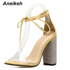 Aneikeh Women High Heels Sandals Summer Square Heels Crystal Heeled Platform Shoes Ladies Sexy Party Wedding Lace Up Shoes