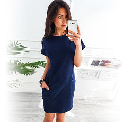 O-neck Short Sleeve Solid Party Dress Loose Straight Fashion Pockets Elegant Feminina Vestidos Casual Vintage Women Summer New
