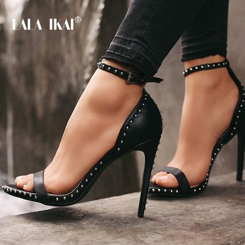LALA IKAI Women Sandals High Heels Summer Thin Heel PU Leather Rivet Peep Toe Sexy Party Shoes Sandalia Feminina 014C1845-45
