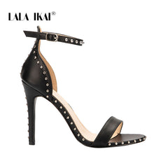 LALA IKAI Women Sandals High Heels Summer Thin Heel PU Leather Rivet Peep Toe Sexy Party Shoes Sandalia Feminina 014C1845-45