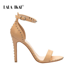 LALA IKAI Women Sandals High Heels Summer Thin Heel PU Leather Rivet Peep Toe Sexy Party Shoes Sandalia Feminina 014C1845-45