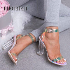 2019 Women Sandals Shoes Celebrity Wearing Simple Style PVC Clear Transparent Strappy Buckle Sandals High Heels Shoes Woman