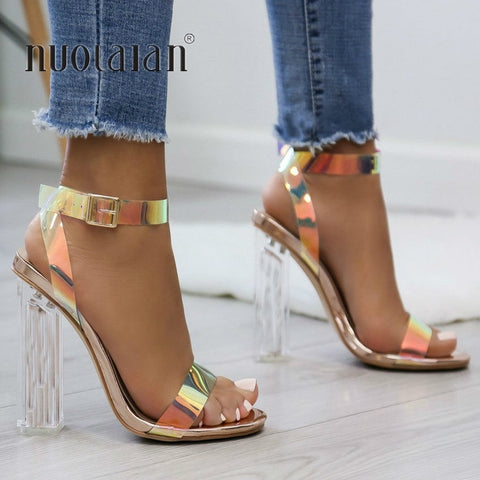 Aneikeh Women High Heels Sandals Summer Square Heels Crystal Heeled Platform Shoes Ladies Sexy Party Wedding Lace Up Shoes