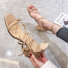 Cross Bandage High Heels Sandals Women Pumps Summer Fashion Lace-Up High Heels Peep Toe Shoes Female Square Heel Ladies Sandals