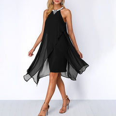 Plus Size Women Summer Round Neck Fashion Chiffon Sleeveless Dress Irregular Double Layer Beach Party sexy Loose Dresses