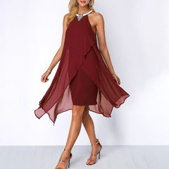 Plus Size Women Summer Round Neck Fashion Chiffon Sleeveless Dress Irregular Double Layer Beach Party sexy Loose Dresses