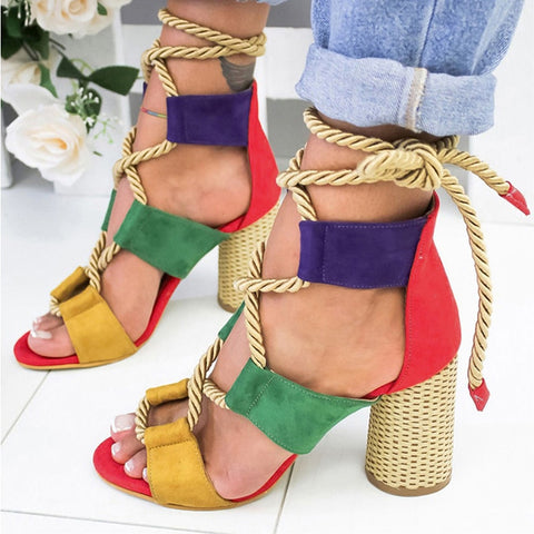 Aneikeh Women High Heels Sandals Summer Square Heels Crystal Heeled Platform Shoes Ladies Sexy Party Wedding Lace Up Shoes